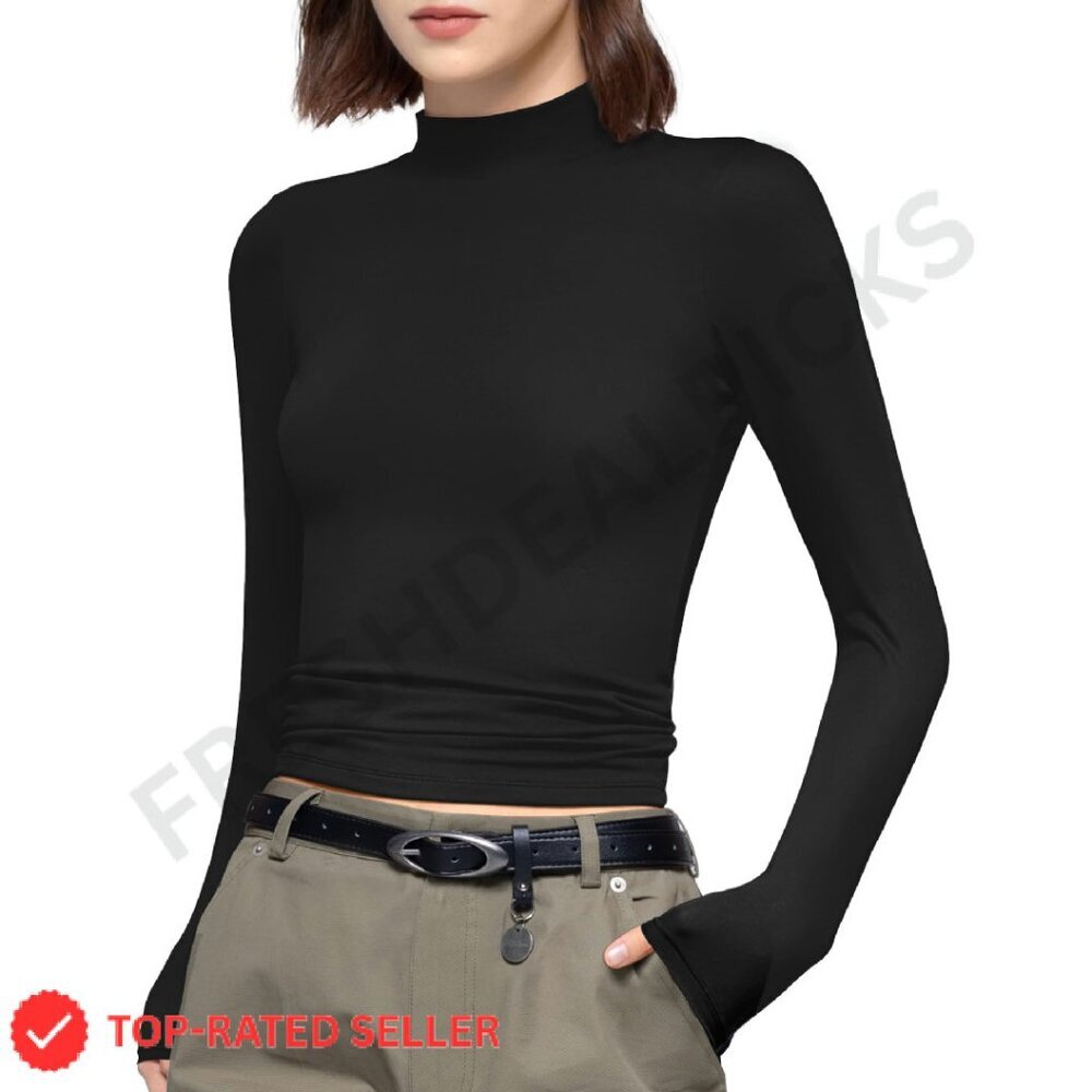 Mock Turtleneck Long Sleeve Tee Slim Fit Y2K Chic Minimal Basic Top - Picture 1 of 8